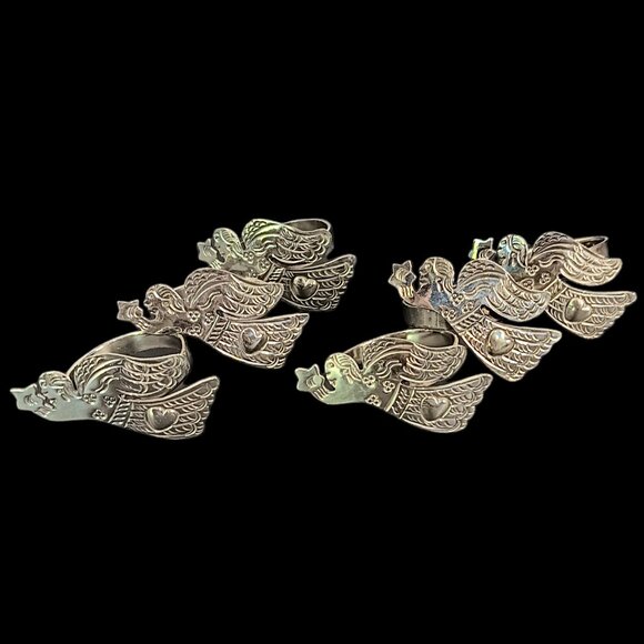 Vintage Silver Metal Angel With Star Heart Napkin Rings Set Of Six Angels Etched - Picture 1 of 8